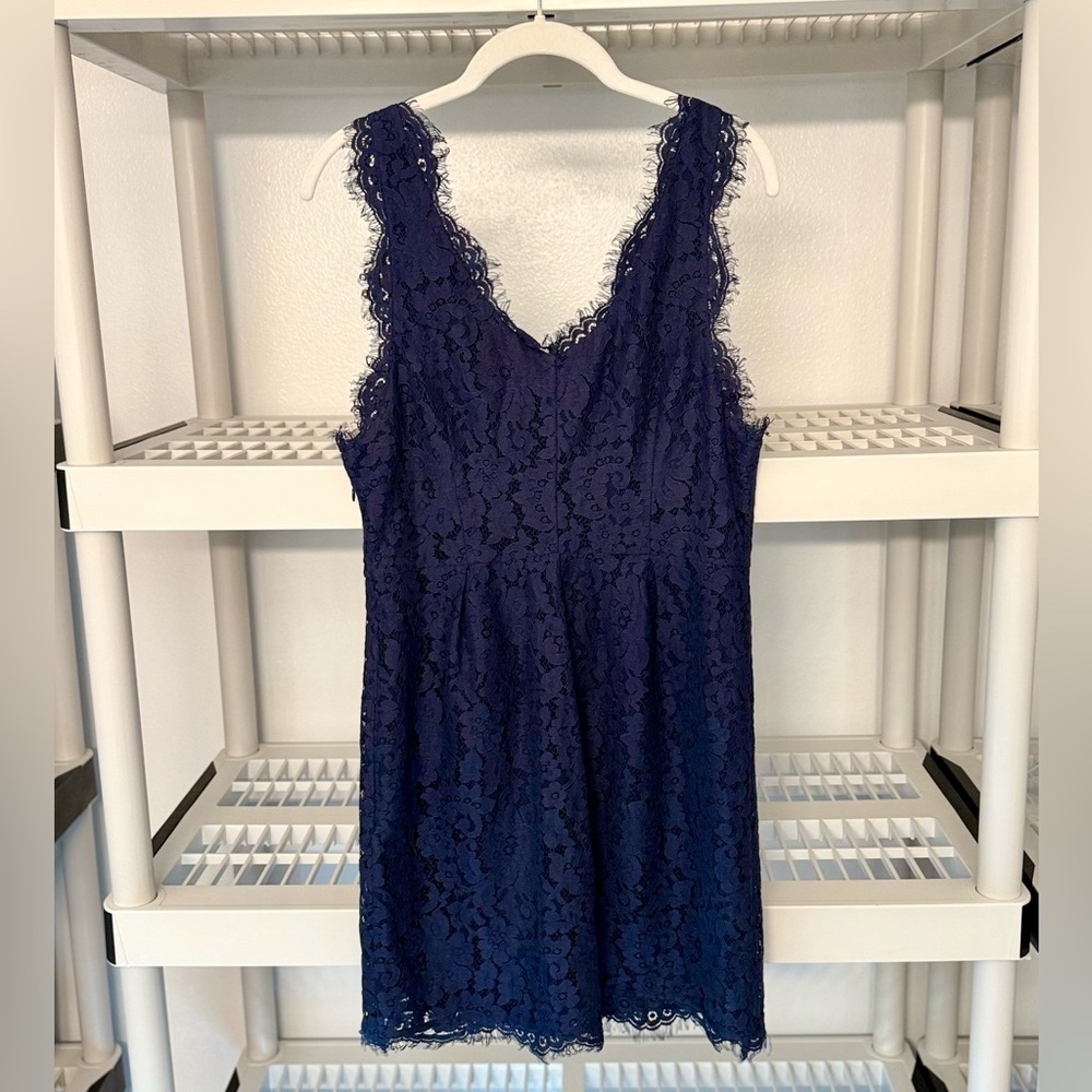 Joie Cowl Neck Mini Dress Sleeveless Lace Accents Side Zip Blue Size M - Picture 4 of 11